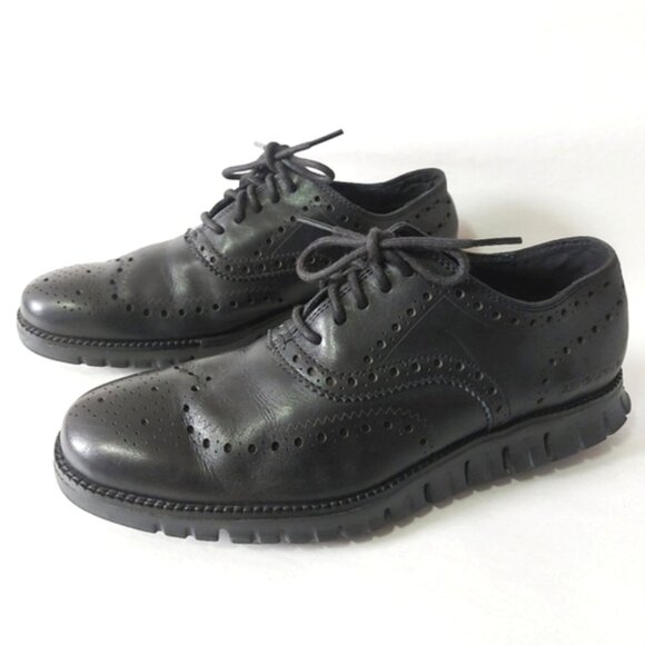 Cole Haan Men Zerogrand Wingtip Lace-up Shoes Size 8 Black Leather Comfort Wear - Picture 1 of 13